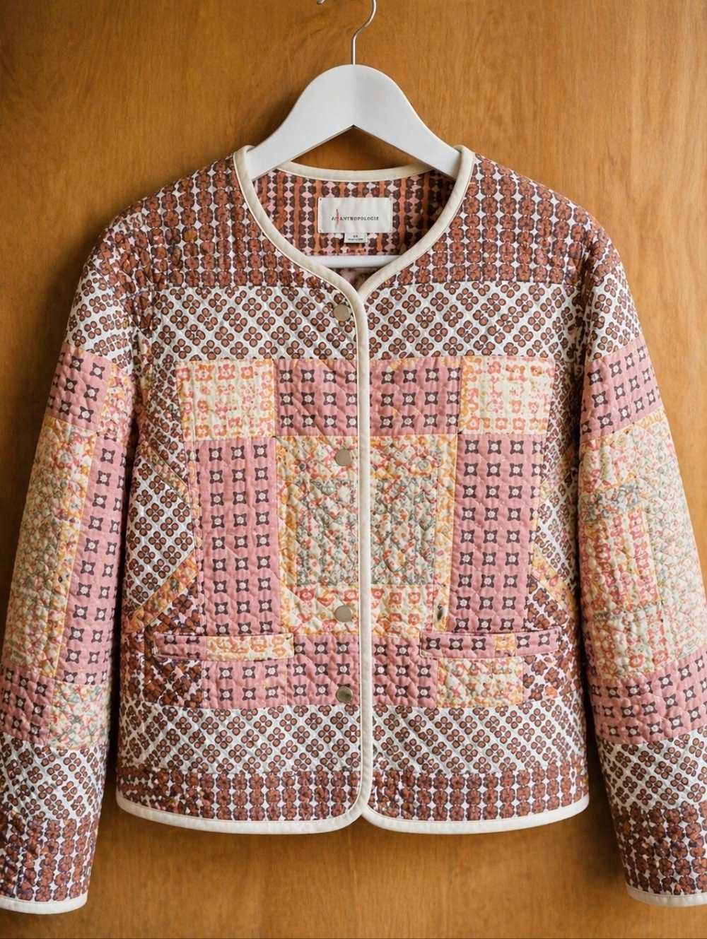 Anthropologie Quilted Patchwork Jacket Boho Blush Neutral XS